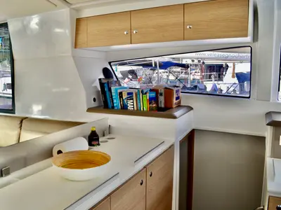 Salon of Negroni, a Bali 4.1 catamaran at Capo d'Orlando, Italy