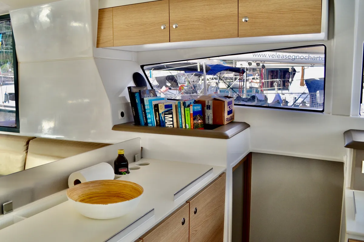 Salon of Negroni, a Bali 4.1 catamaran at Capo d'Orlando, Italy