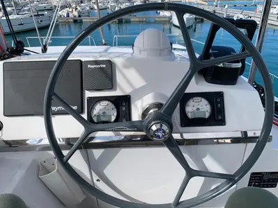 Cockpit of Negroni, a Bali 4.1 catamaran at Capo d'Orlando, Italy