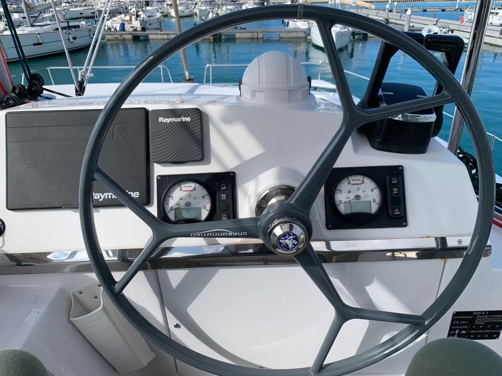 Cockpit of Negroni, a Bali 4.1 catamaran at Capo d'Orlando, Italy