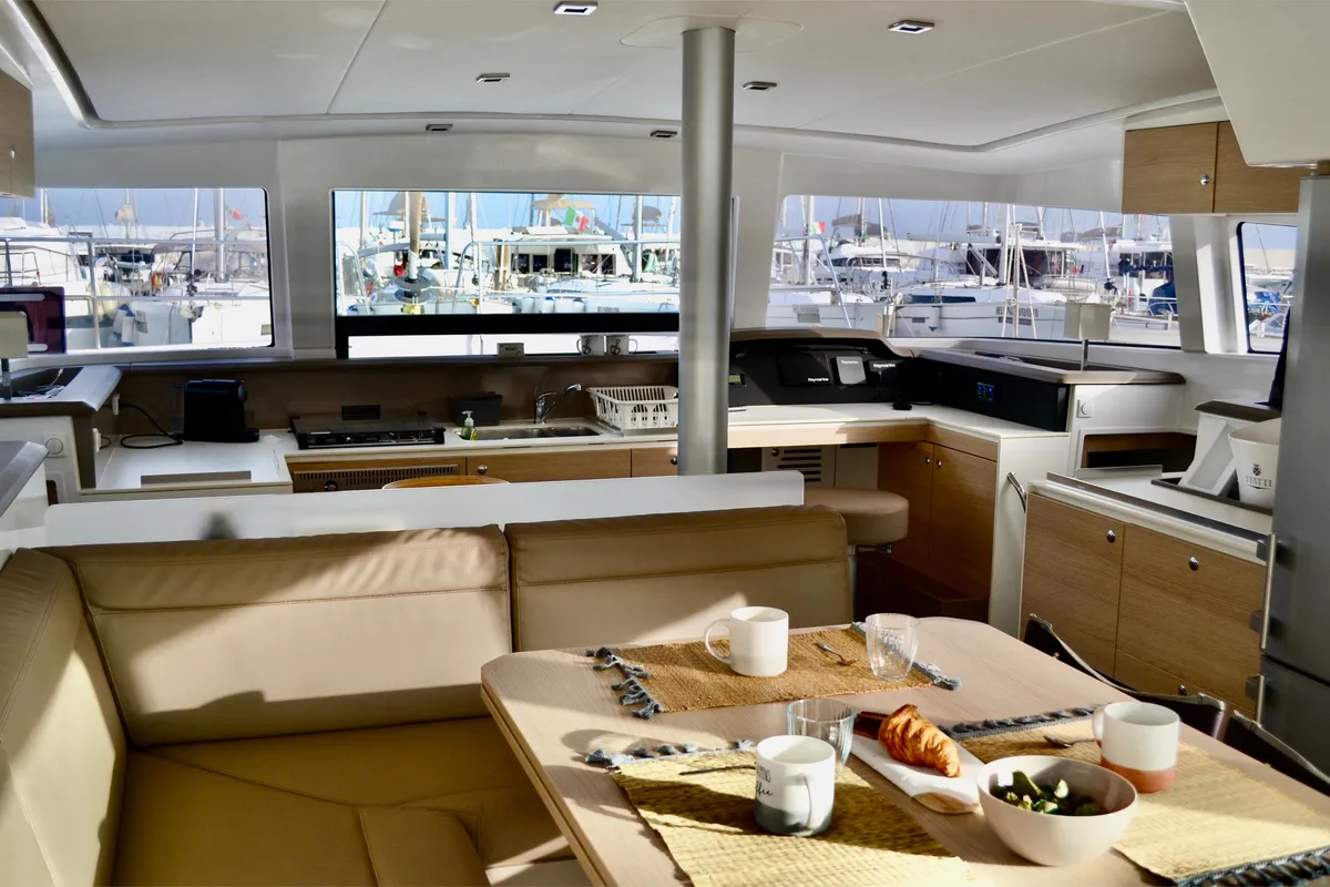 Salon of Negroni, a Bali 4.1 catamaran at Capo d'Orlando, Italy