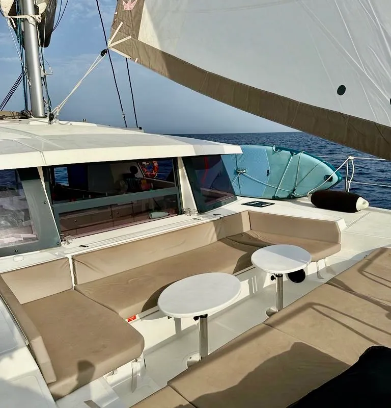 Deck of Negroni, a Bali 4.1 catamaran at Capo d'Orlando, Italy