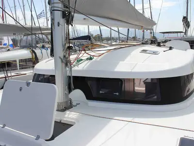 Deck of Starlight, a Nautitech 441 catamaran at Athens, Greece