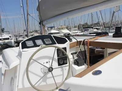 Cockpit of Starlight, a Nautitech 441 catamaran at Athens, Greece