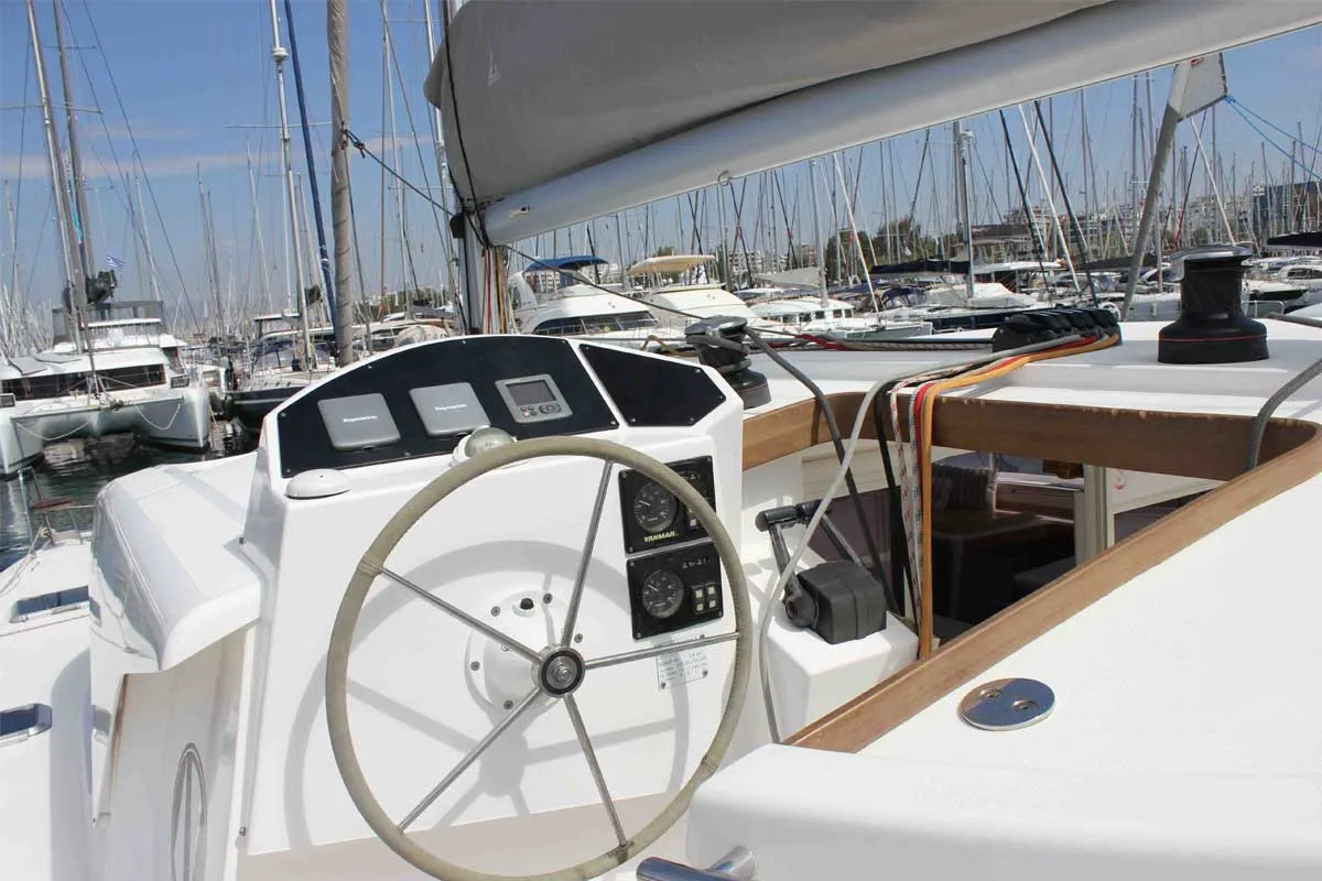 Cockpit of Starlight, a Nautitech 441 catamaran at Athens, Greece