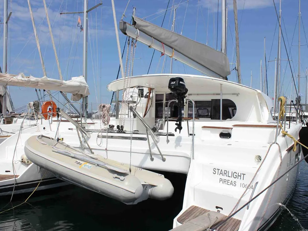 Exterior view of Starlight, a Nautitech 441 catamaran at Athens, Greece