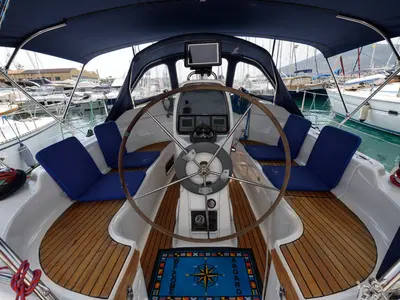 Cockpit of Dišpet, a Bavaria 33 Cruiser sailboat at Grad Trogir, Croatia