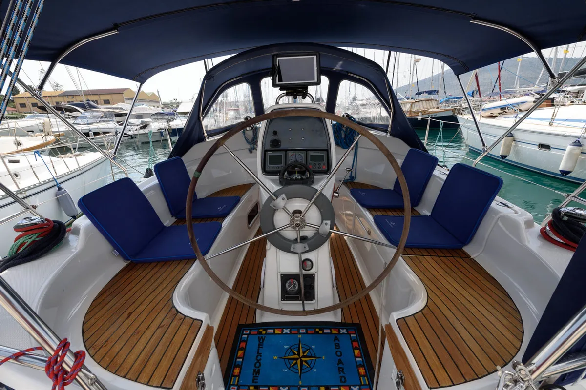 Cockpit of Dišpet, a Bavaria 33 Cruiser sailboat at Grad Trogir, Croatia