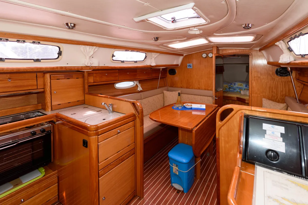 Galley of Dišpet, a Bavaria 33 Cruiser sailboat at Grad Trogir, Croatia