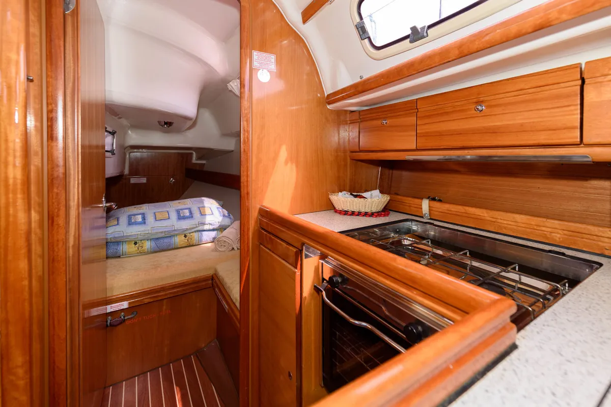 Galley of Dišpet, a Bavaria 33 Cruiser sailboat at Grad Trogir, Croatia