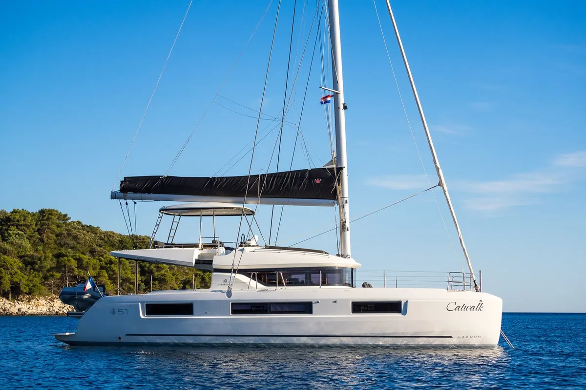 Exterior view of Catwalk, a Lagoon 51 OW catamaran at Grad Kaštela, Croatia