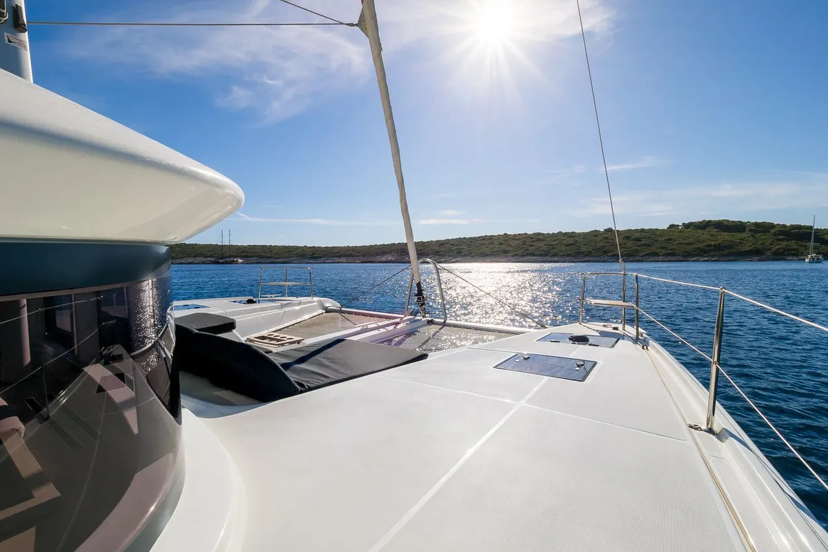 Deck of Catwalk, a Lagoon 51 OW catamaran at Grad Kaštela, Croatia