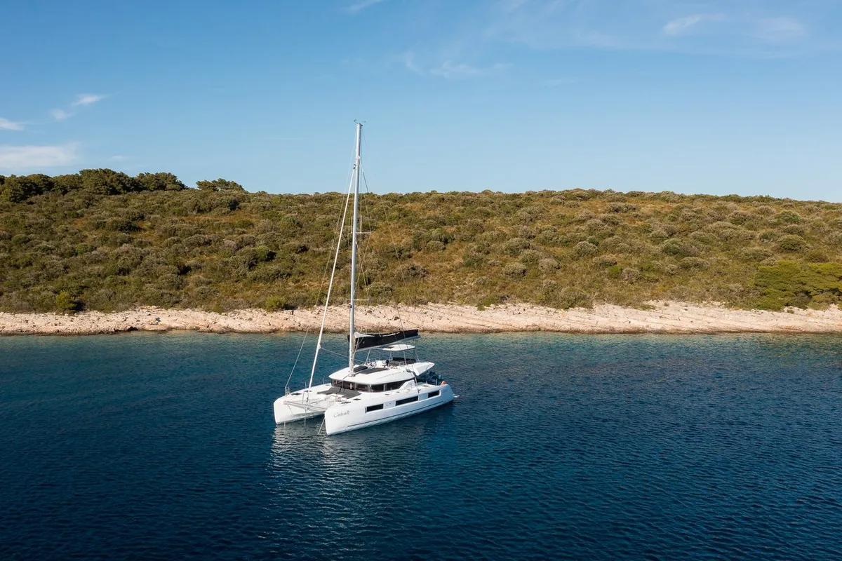Exterior view of Catwalk, a Lagoon 51 OW catamaran at Grad Kaštela, Croatia