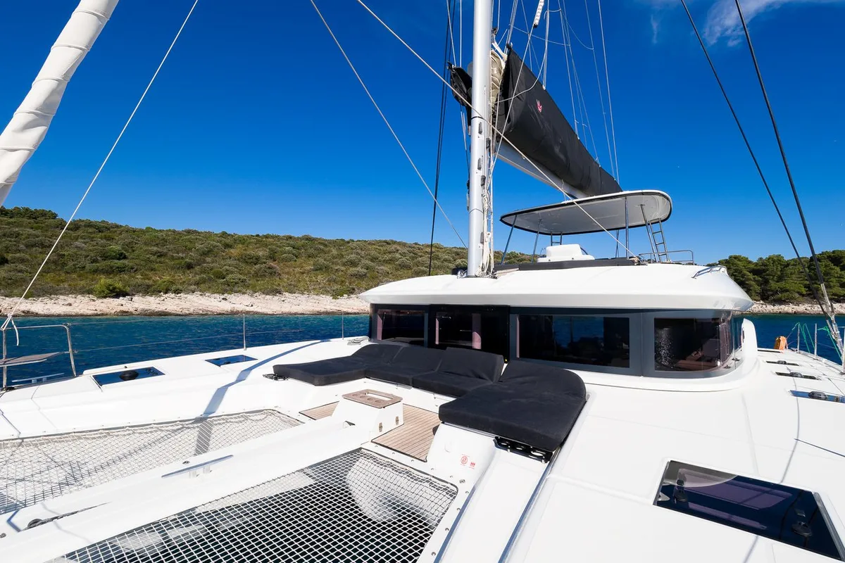 Deck of Catwalk, a Lagoon 51 OW catamaran at Grad Kaštela, Croatia