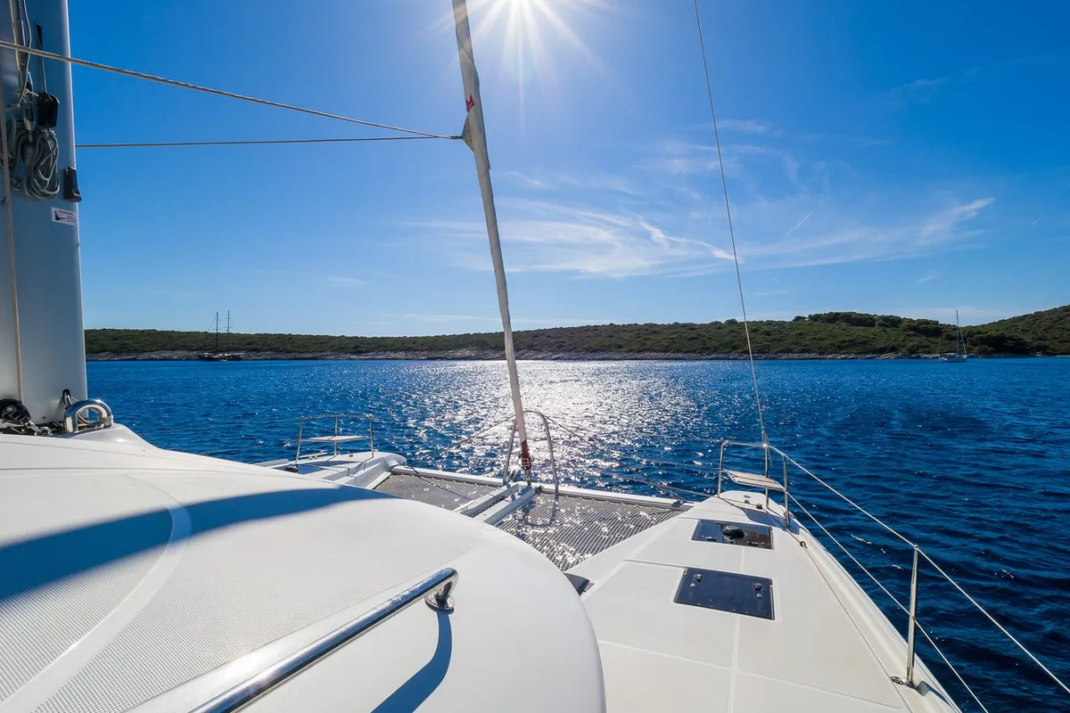 Deck of Catwalk, a Lagoon 51 OW catamaran at Grad Kaštela, Croatia