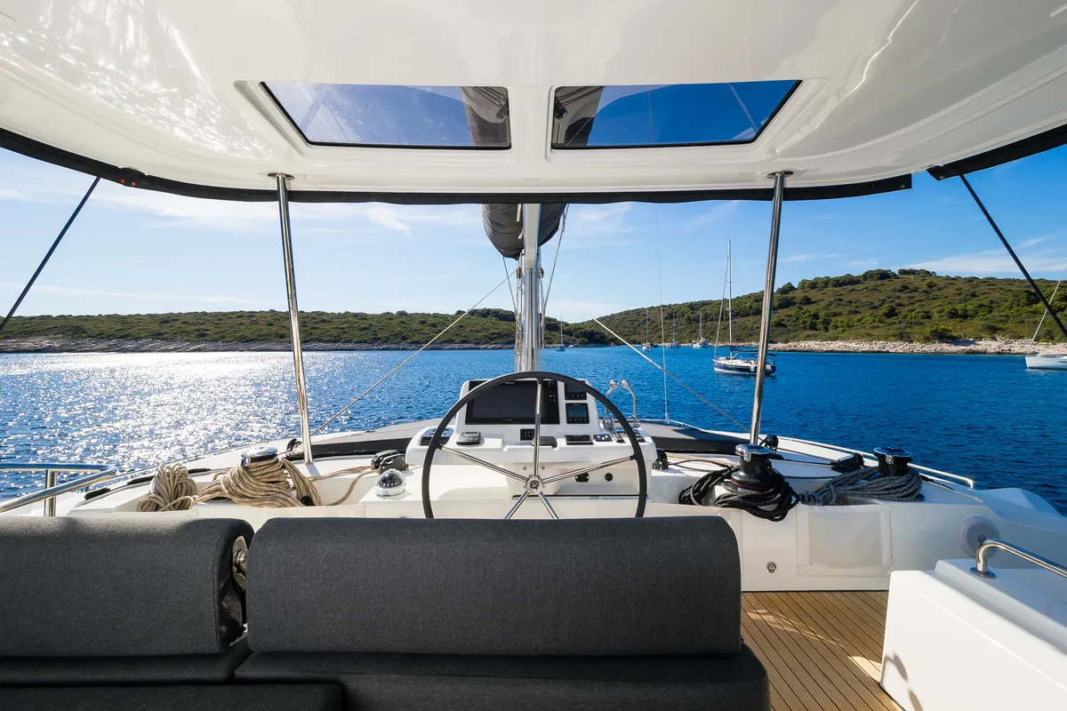 Cockpit of Catwalk, a Lagoon 51 OW catamaran at Grad Kaštela, Croatia