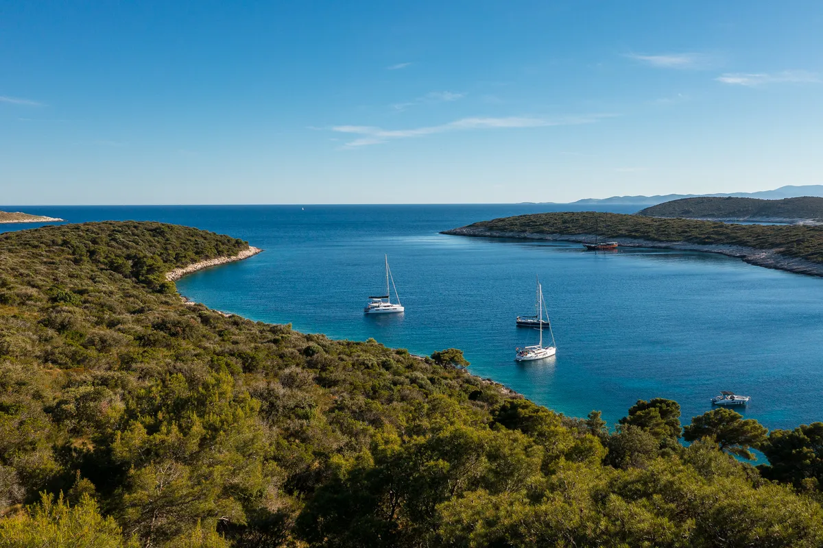 Exterior view of Catwalk, a Lagoon 51 OW catamaran at Grad Kaštela, Croatia