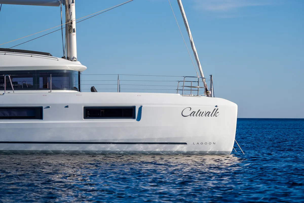 Exterior view of Catwalk, a Lagoon 51 OW catamaran at Grad Kaštela, Croatia