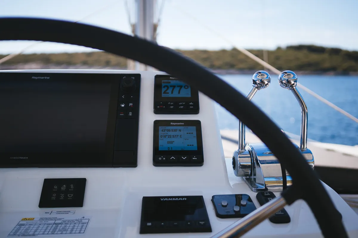 Cockpit of Catwalk, a Lagoon 51 OW catamaran at Grad Kaštela, Croatia