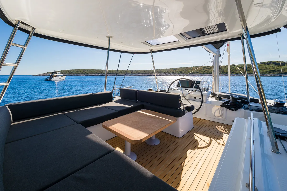 Cockpit of Catwalk, a Lagoon 51 OW catamaran at Grad Kaštela, Croatia