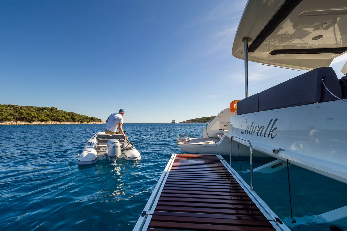 Deck of Catwalk, a Lagoon 51 OW catamaran at Grad Kaštela, Croatia