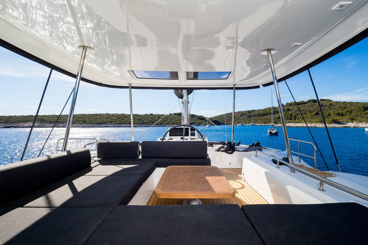 Cockpit of Catwalk, a Lagoon 51 OW catamaran at Grad Kaštela, Croatia