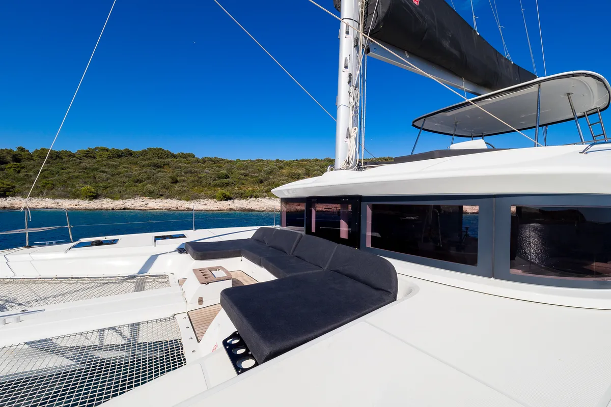Deck of Catwalk, a Lagoon 51 OW catamaran at Grad Kaštela, Croatia