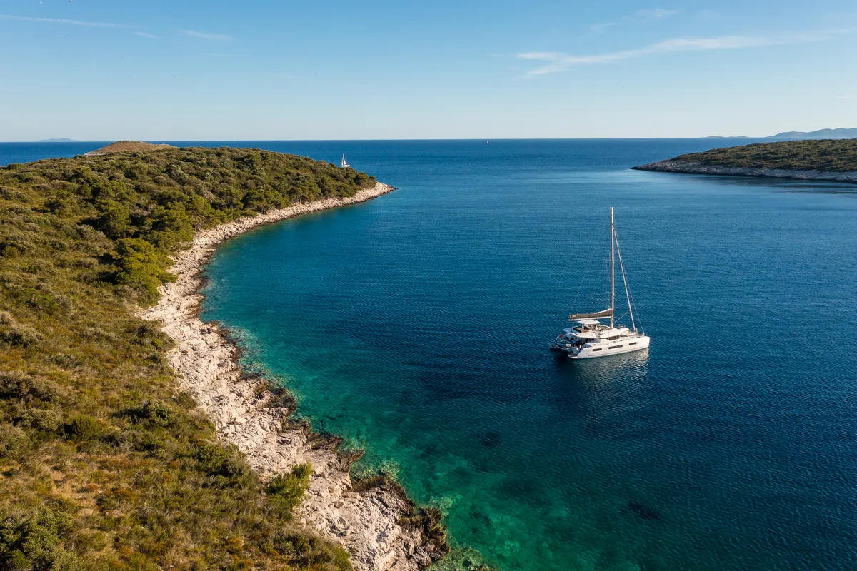 Exterior view of Catwalk, a Lagoon 51 OW catamaran at Grad Kaštela, Croatia