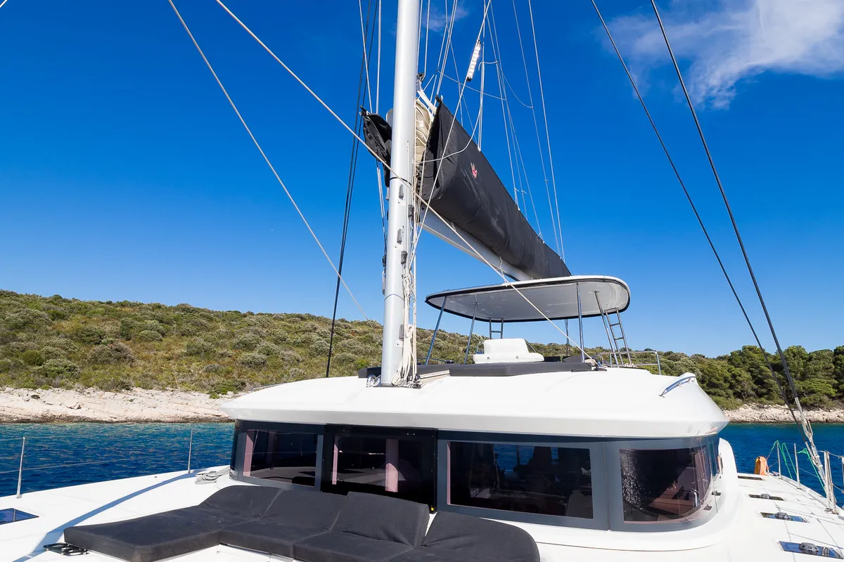 Deck of Catwalk, a Lagoon 51 OW catamaran at Grad Kaštela, Croatia