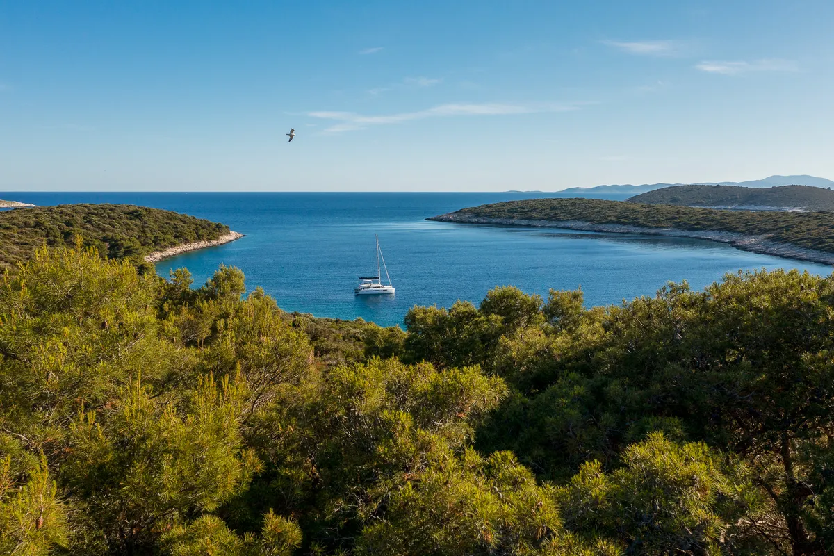 Exterior view of Catwalk, a Lagoon 51 OW catamaran at Grad Kaštela, Croatia