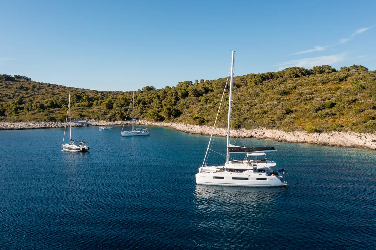 Exterior view of Catwalk, a Lagoon 51 OW catamaran at Grad Kaštela, Croatia