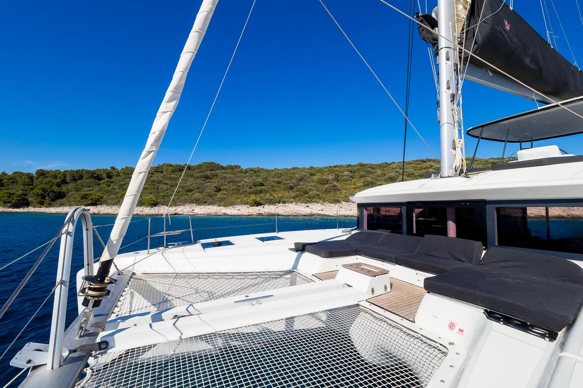 Deck of Catwalk, a Lagoon 51 OW catamaran at Grad Kaštela, Croatia
