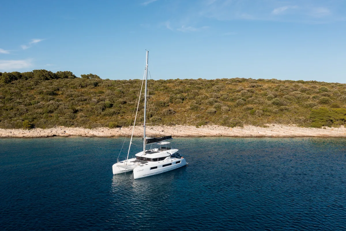 Exterior view of Catwalk, a Lagoon 51 OW catamaran at Grad Kaštela, Croatia