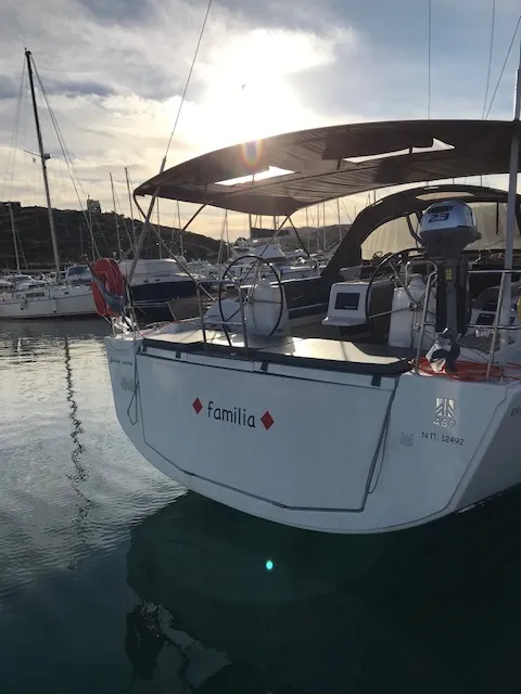 Exterior view of Familia, a Dufour 460 Grand Large sailboat at Athens, Greece