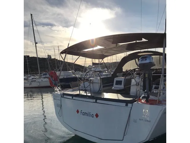 Exterior view of Familia, a Dufour 460 Grand Large sailboat at Athens, Greece