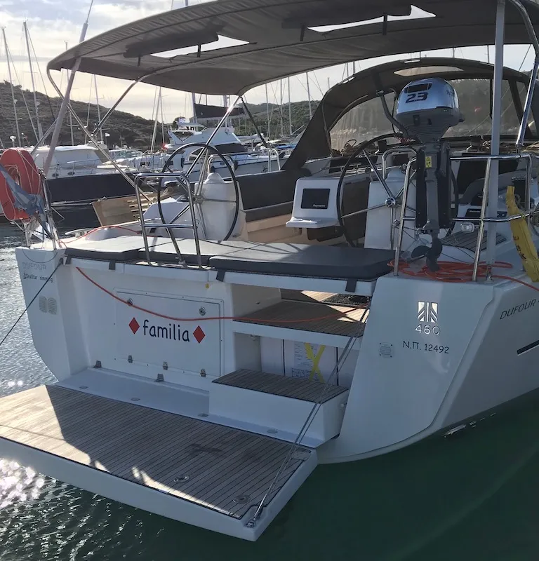 Exterior view of Familia, a Dufour 460 Grand Large sailboat at Athens, Greece