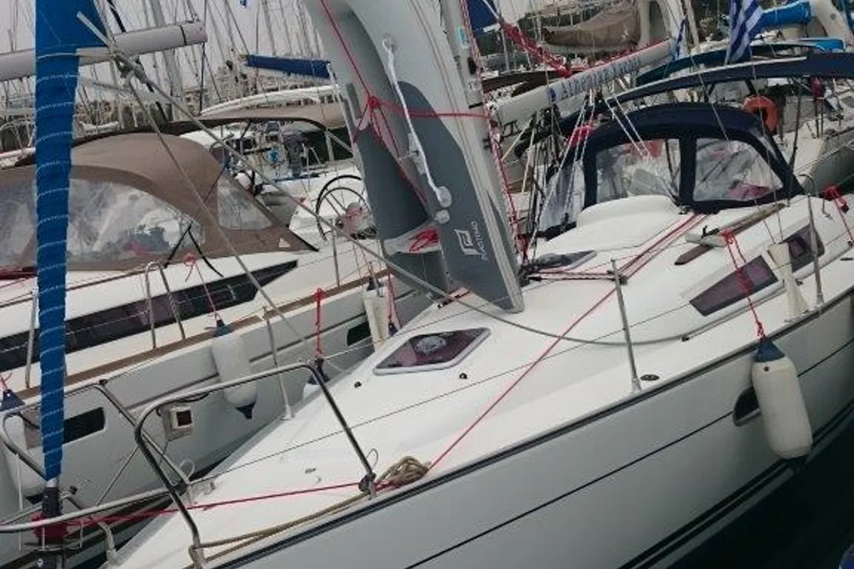Exterior view of Regina IV, a Jeanneau Sun Odyssey 32i sailboat at Lavreotiki Municipal Unit, Greece