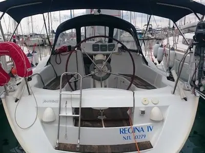 Cockpit of Regina IV, a Jeanneau Sun Odyssey 32i sailboat at Lavreotiki Municipal Unit, Greece