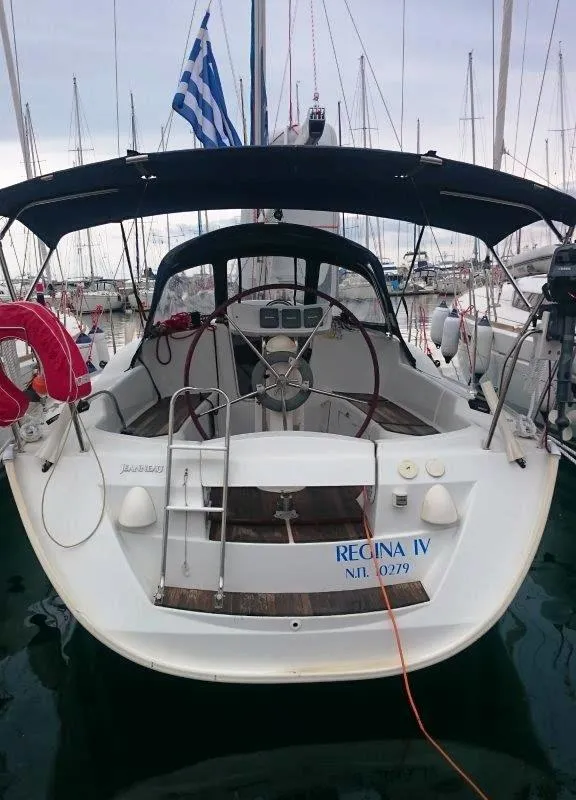 Cockpit of Regina IV, a Jeanneau Sun Odyssey 32i sailboat at Lavreotiki Municipal Unit, Greece