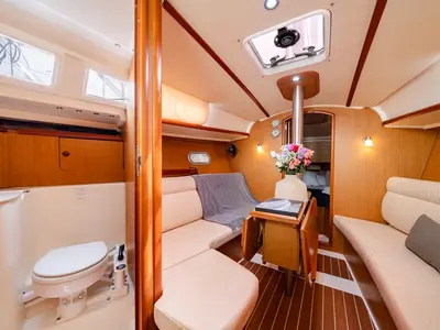 Salon of Regina IV, a Jeanneau Sun Odyssey 32i sailboat at Lavreotiki Municipal Unit, Greece