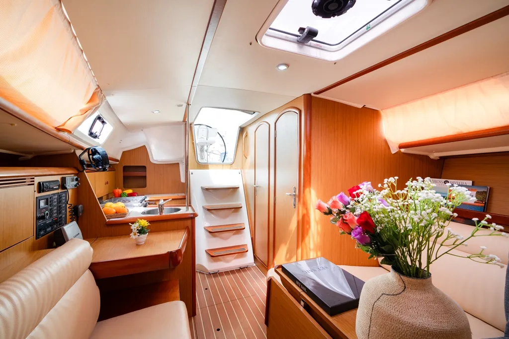 Galley of Regina IV, a Jeanneau Sun Odyssey 32i sailboat at Lavreotiki Municipal Unit, Greece