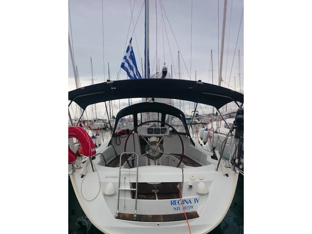 Exterior view of Regina IV, a Jeanneau Sun Odyssey 32i sailboat at Lavreotiki Municipal Unit, Greece