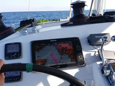 Cockpit of Ipanema, a Lagoon 400 S2 catamaran at Athens, Greece