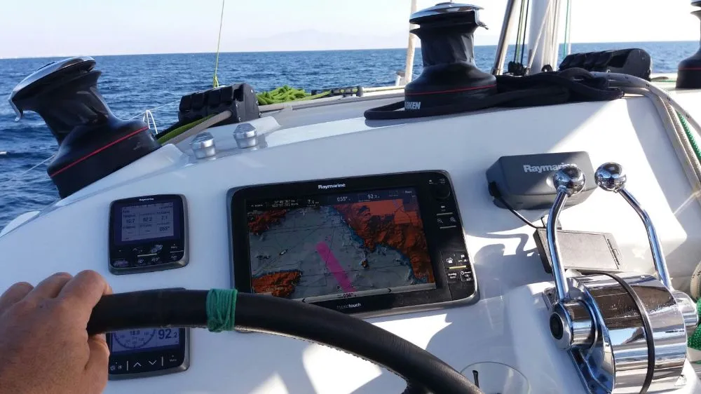 Cockpit of Ipanema, a Lagoon 400 S2 catamaran at Athens, Greece