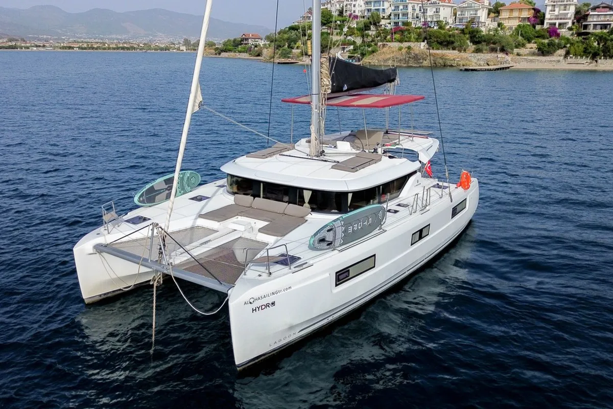 Exterior view of Hydra, a Lagoon 46 catamaran at Fethiye, Turkey