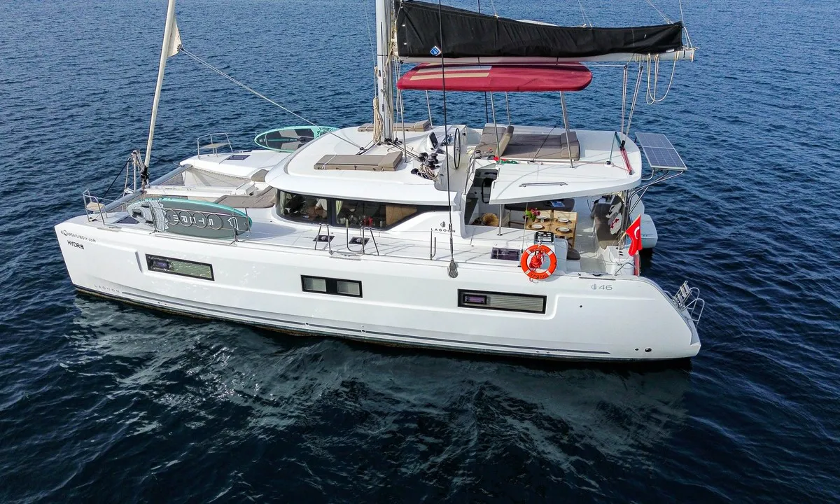 Exterior view of Hydra, a Lagoon 46 catamaran at Fethiye, Turkey