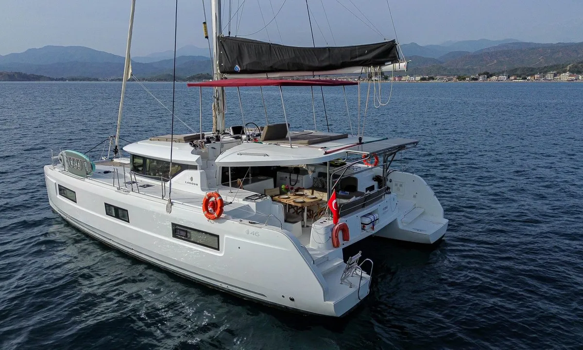 Exterior view of Hydra, a Lagoon 46 catamaran at Fethiye, Turkey