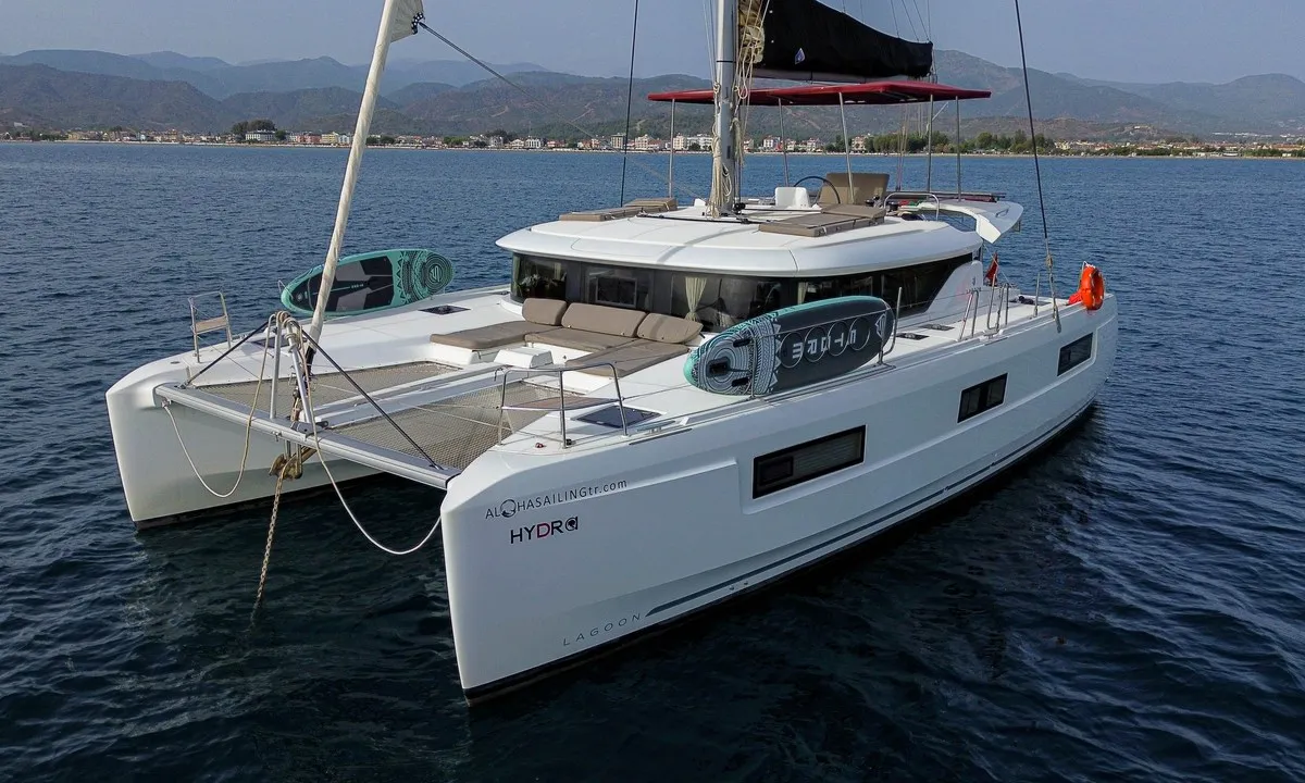 Exterior view of Hydra, a Lagoon 46 catamaran at Fethiye, Turkey