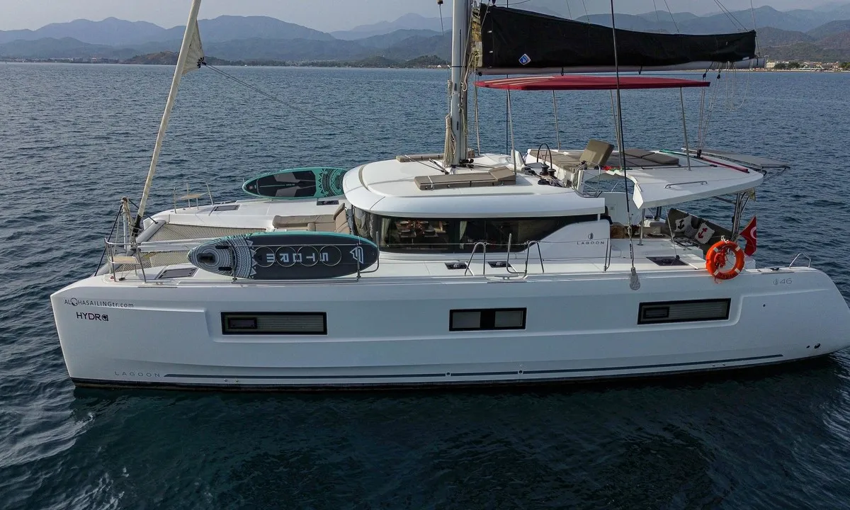 Exterior view of Hydra, a Lagoon 46 catamaran at Fethiye, Turkey