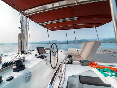 Cockpit of Hydra, a Lagoon 46 catamaran at Fethiye, Turkey